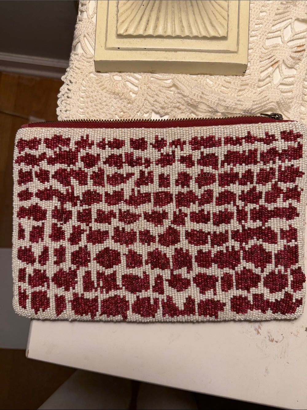 Anthropologie Beaded Leopard Print Zip Pouch - Red & White NWOT